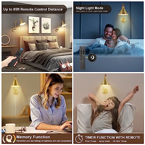 Gold Wall Sconce with Remote Control, Dimmable & Adjustable Color Temperature 2700K-6000K, Swing Arm Plug-In Light - 2 Pack