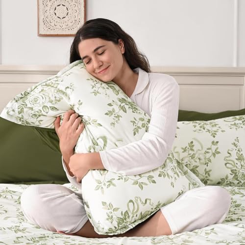 Andency Green Floral Queen Comforter Set 7-Piece Bedding with Sheets & Shams