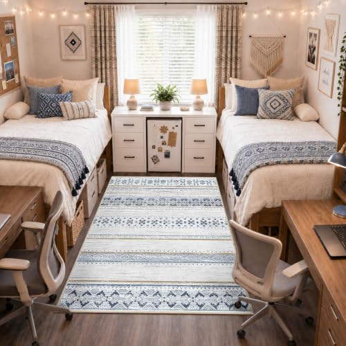 Blue/Brown 5x7 Area Rug - Washable Geometric Non-Slip Bedroom Living Room