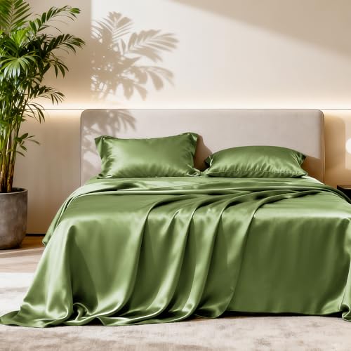 Love's cabin Satin Queen Bed Sheet Set - 4 Piece, Sage, Silky Soft,