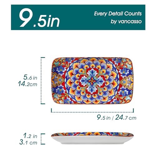Vancasso Simi 9.5 x 5.6 Inch Rectangular Serving Plates Set of 6 - Bohemian Floral Design