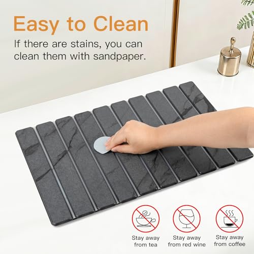 Gray Marble Stone Dish Drying Mat with Rack - Diatomaceous Earth Kitchen Accessories