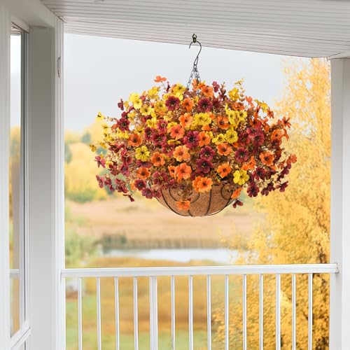 Artificial Fall Flowers Hanging Basket - Orange, Yellow, Brown Outdoor Decor