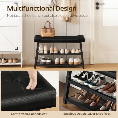 YATINEY Black 3-Tier Shoe Bench with Storage and Cushioned Seat