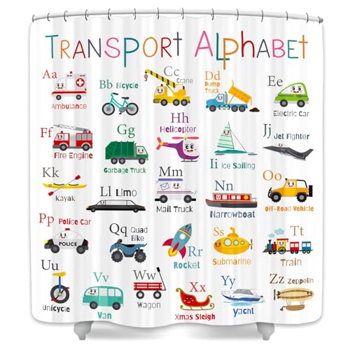 Vehicles Alphabet Shower Curtain for Kids, Kid Excavator Tractor Machinery Trucks Curtain, Construction Vehicle Boys, Bulldozer Crane Bath Equipment Truck