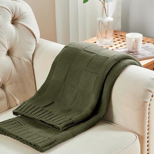 Olive Green Knitted Checkered Throw Blanket 50x60 Inches - Cozy & Stylish