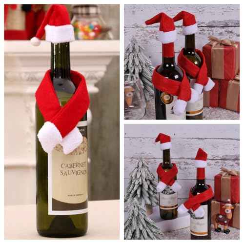 12PCS Mini Santa Hat Scarf Set - Small Christmas Wine Bottle Cover & Hat Scarf for Xmas Bottle Cover Home Decor
