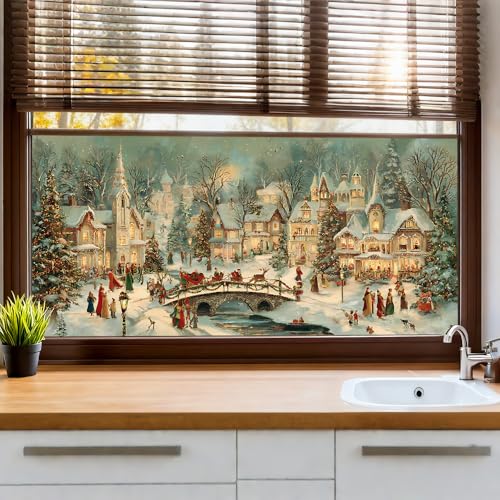 Window Privacy Film 39.37 x 17.3 in Christmas Village Static Cling - Colorful Window #04