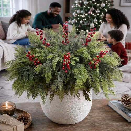LAOWUJA 12 Pcs Artificial Cedar Branches 17.5" with 3 Red Berry Picks - Holiday Faux Greenery for Christmas Decor