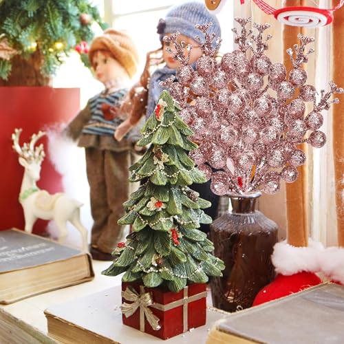Palonu 36 Pcs Christmas Glitter Berries Stems,8.5 Inch Artificial Christmas Picks for Christmas Tree Ornaments for DIY Xmas Wreath Crafts Gifts Holiday Home Decor (Rose Gold)