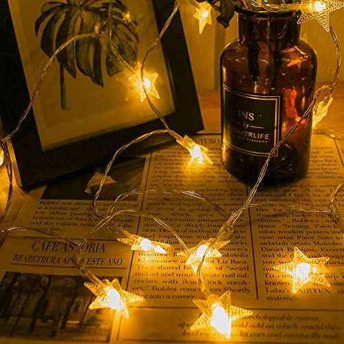 Star String Lights Battery Operated, 20Ft 40 LED Star Fairy Lights Warm White Christmas Twinkle Lights Indoor Outdoor for Bedroom Home Canopy Fireplace Wedding Party Xmas Tree Decoration