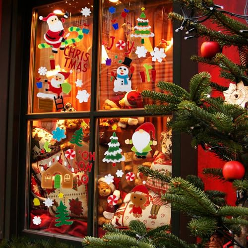 6 Sheet Christmas Window Clings Gel,Snowman,Gingerbread Man,Christmas Tree, Santa Claus, Snowflakes, Christmas Stickers for Glass Windows, Window Clings Christmas Decorations
