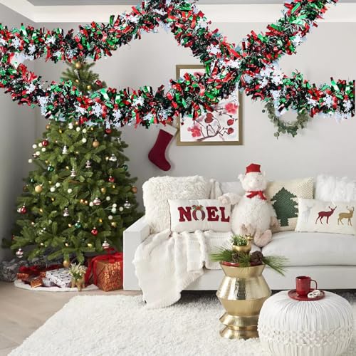 CUADRNX 50ft Green Red Christmas Tinsel Garland Holiday Decor Indoor Outdoor