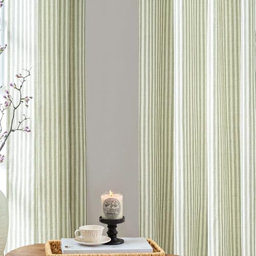 Jinchan Linen Curtains 50W x 84L Sage Green Stripe Grommet Panel Set - Farmhouse Style