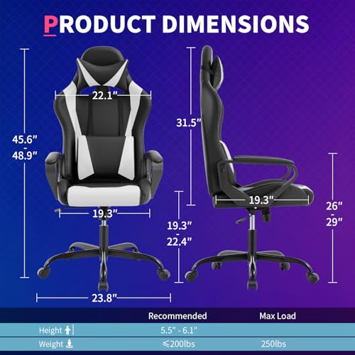 FDW White Gaming Chair with Lumbar Support & Headrest - Ergonomic PU Leather Desk Seat