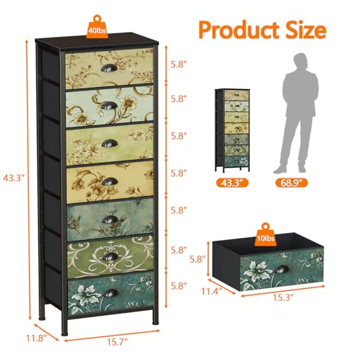 Furnulem 7-Drawer Tall Fabric Dresser for Bedroom Storage - 15.8 x 43.3 x 11.4 Inches