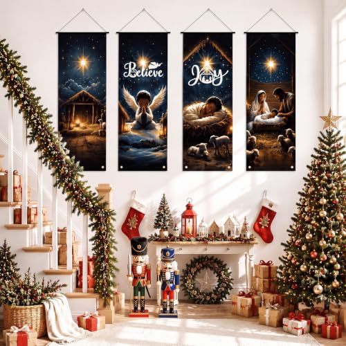 Black Santa Christmas Banner Set - African American Nativity & Holiday Decor, 4 Pieces
