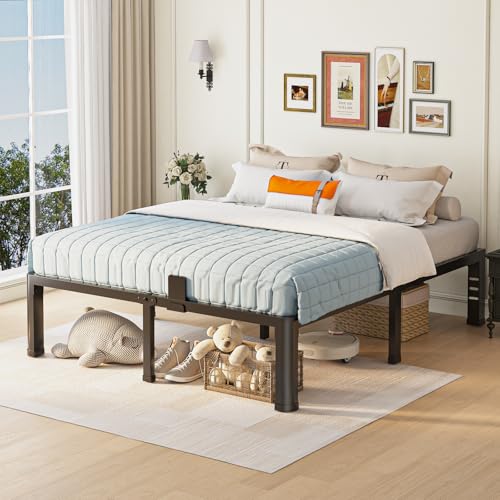 Yitong Angel 14 Inch Queen Bed Frame with Round Corner Legs & Headboard Holes Heavy Duty Steel Platform, No Box Spring Needed