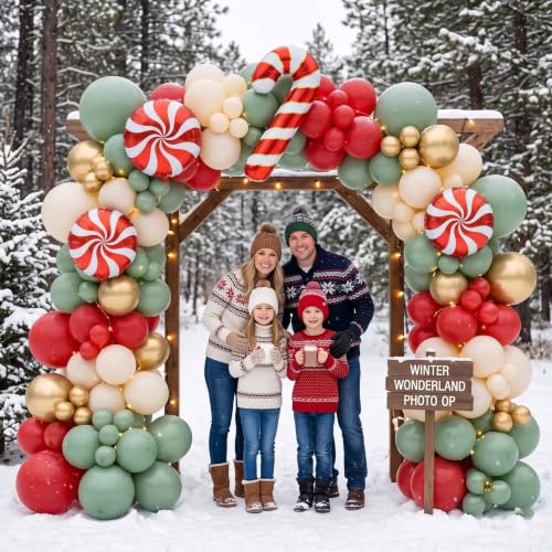 Jenlion 136Pcs Christmas Balloon Arch Kit with Large Mylar Foil Balloons - Red, Sage Green, White