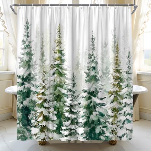 UEAUUN Winter Snowy Forest Shower Curtain Christmas Pine Tree 70x70 Inch Green White