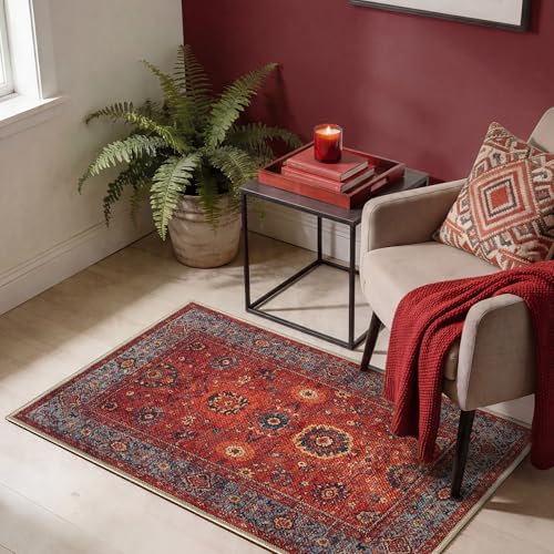 Vintage Washable Entryway Rug 2x3 ft - Non-Slip Low Pile, Red & Turquoise Blue Variation