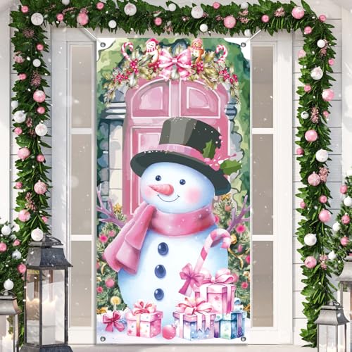 Pink Snowman Christmas Door Cover - Xmas Front Door Banner Decorations for Indoor Outdoor Winter Holiday Party Decor