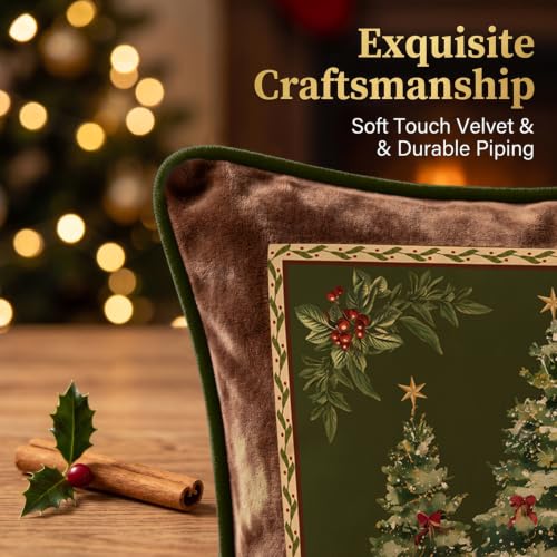 Artmag 24x24 Inch Green Christmas Tree Pillow Cover with Floral Pattern, Velvet Holiday Decor