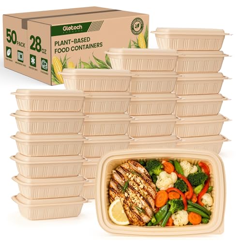 28 oz Meal Prep Containers with Lids - 50 Pack Plant-Based Food Storage Bins