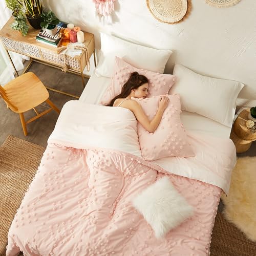 Pink Twin Comforter Set for Girls - Pom Tufted Bed in a Bag, 5 Pieces, Dot Pink Variation