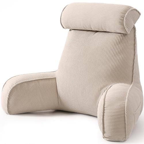 Ailuteie Beige Gray Large Reading Pillow for Sitting Up in Bed Backrest with Arms & Washable Cover