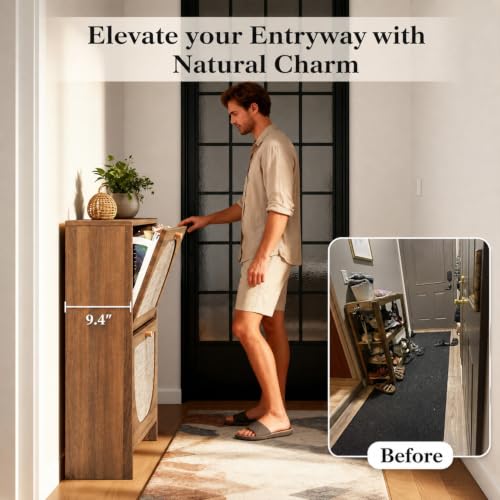 Nicetree Caramel Walnut Rattan Shoe Cabinet with 2 Flip Drawers, Slim Entryway Organizer