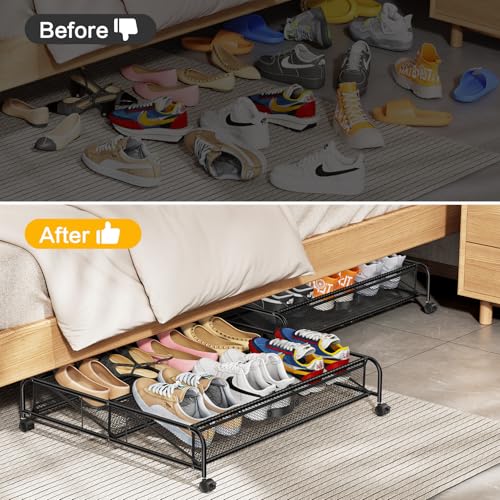 LeArex 2-Pack Under Bed Shoe Storage Organizers with Wheels, Space-Saving Closet Shoe Racks