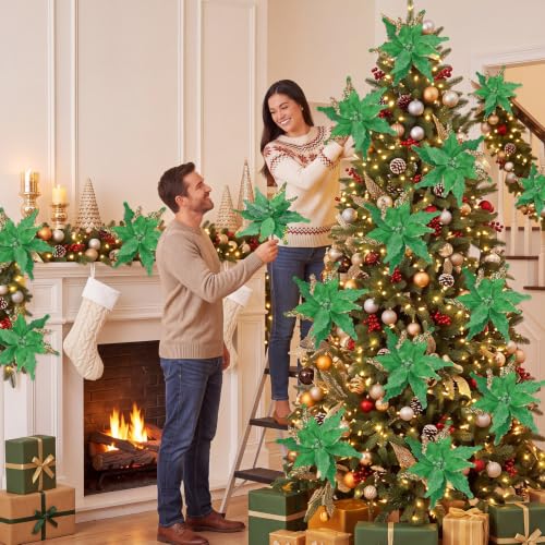 Giegxin Green 12-Inch Christmas Glitter Poinsettia Artificial Flowers - 8 Pack