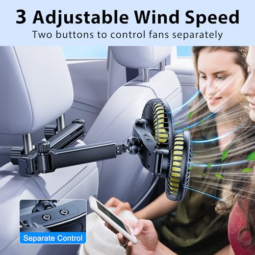 Nauttxon Rechargeable Car Fan for Backseat Kids - Yellow, 4.7-10.8" Retractable Long Arm, 3-Speed & 360° Adjustable