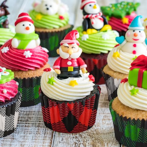 Whaline 600pcs Christmas Buffalo Plaid Cupcake Liners 2 x 1.2 inch, Holiday Paper Baking Cups for Xmas Party