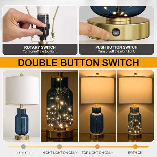 Oneach 22-Inch Blue Glass Table Lamps Set of 2 with USB Charging & Nightlight