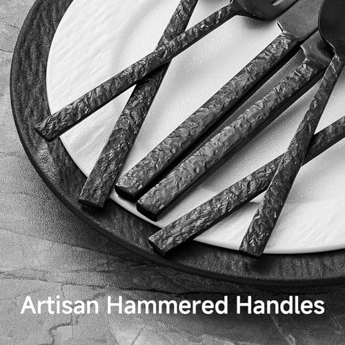 Black Hammered Silverware Set for 4 - 20-Piece Flatware Collection