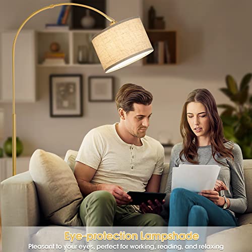Gold Arc Floor Lamp for Living Room with Adjustable Drum Shade - Modern Tall Standing Light with Foot Switch