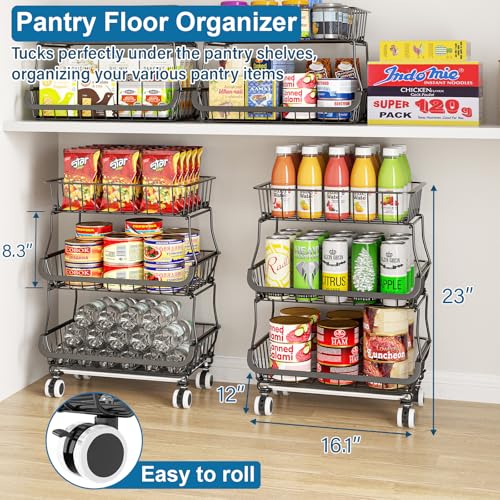 OKZEST Black 3-Tier Rolling Pantry Storage Cart with Wheels