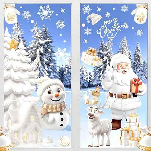 AhfuLife Christmas Window Clings, 190 PCS Large 3D Reusable Window Stickers for Glass, 9 Sheets Double Sided Santa Claus Snowman Snowflakes Reindeer Stickers for Party Decorations