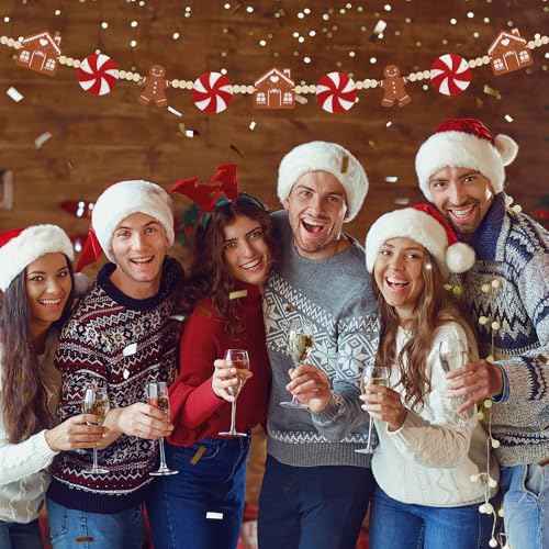 6Ft Christmas Garland - Felt Jinglebread Man & House with Wood Beads - Perfect for Indoor Decorations & Party Supply