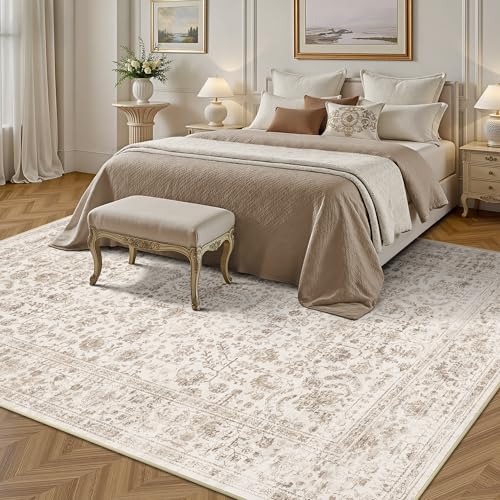 C-Light Brown 8x10 Area Rug - Washable Vintage Floral Non-Slip Carpet for Living Room