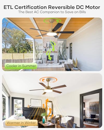 52 Inch Gold Ceiling Fan with Lights and Remote - Modern Sleek Design