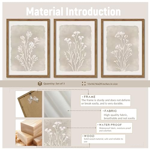 Gray Flowers Framed Botanical Wall Art Set of 3 - 16x24 Inch Rustic Floral Prints