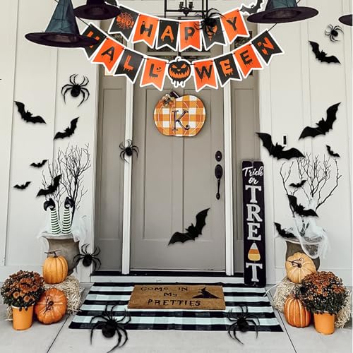 CMXZSAM Black Halloween Decor Set with Mantel Scarf, Table Runner, 3D Bats & Spiders, Banner