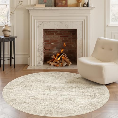 6ft Beige Round Area Rug Non-Slip Pet-Friendly Washable Living Room Carpet