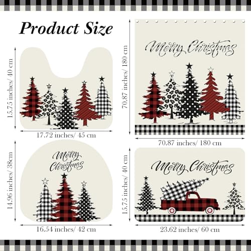Capoda Plaid 4-Piece Merry Christmas Bath Set: Shower Curtain, 12 Hooks, Non-Slip Rug, Toilet Lid Cover & U-Shape Mat