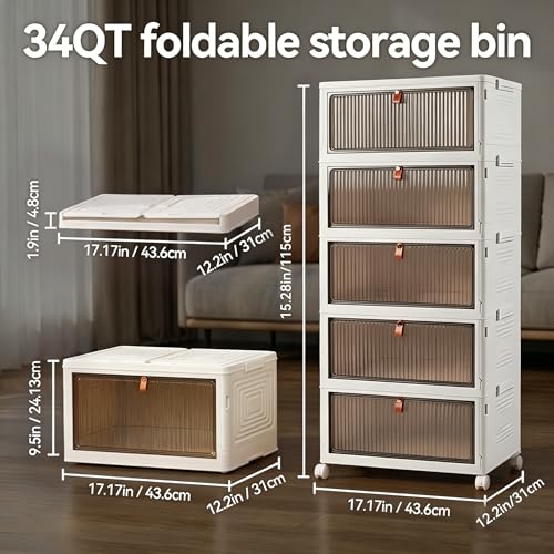 Large 170 Qt Stackable Storage Bins with Lids - 5 Layers, Wheels & Clear Doors