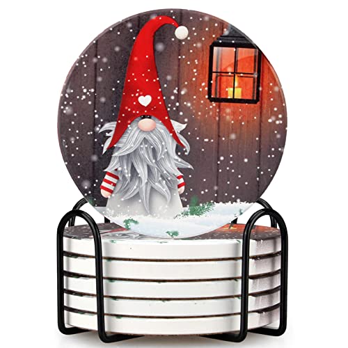 Christmas Gnome Ceramic Coasters Set with Holder - Absorbent Holiday Drink Mats - Gnome 01