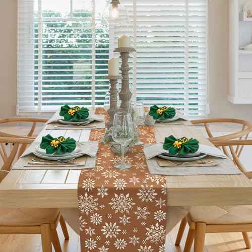 Christmas Day Table Runner,102¡¿11 Inches Velvet Luxury Gold Snowflakes Rectangle Long Farmhouse Table Runner for Romantic Events,Wedding Anniversary,Marriage Proposals,Engagements Party (Velvet/Brown)